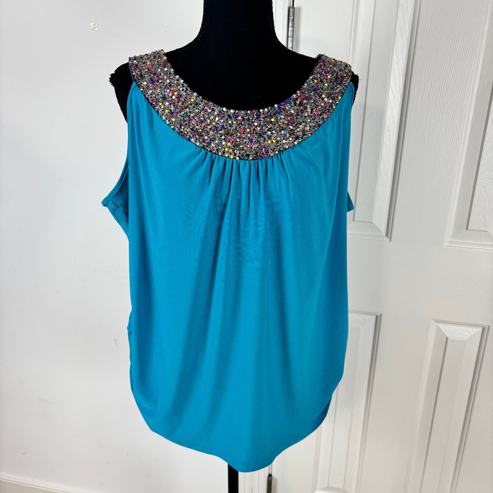Dressbarn Womens‎ 14/16 Teal Blue Beaded Neck Ruched Sleeveless Blouse Top